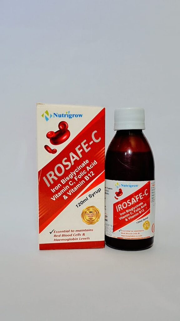 Nutrigrow IROSAFE-C Iron Syrup–120ml |Iron Bisglycinate with Vitamin C,Folic Acid & Vitamin B12